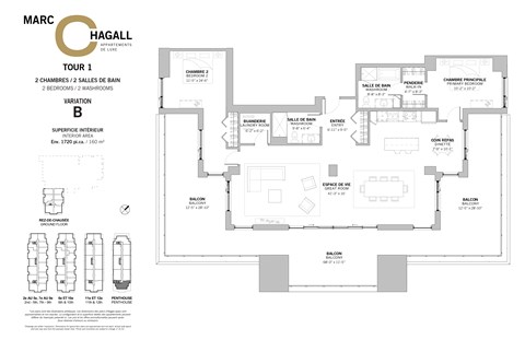 A floorplan for a 2 bedroom, 2 bathroom penthouse with a large terrace at Marc Chagall Apartments in Côte Saint-Luc.